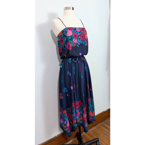 70s Blue Floral Spaghetti Strap Dress with Berries - Picture 7 of 7